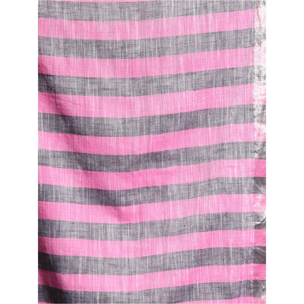 CHARUKRITI Pink Stripes Pattern Pure Cotton Soft Saree with Unstitched Blouse