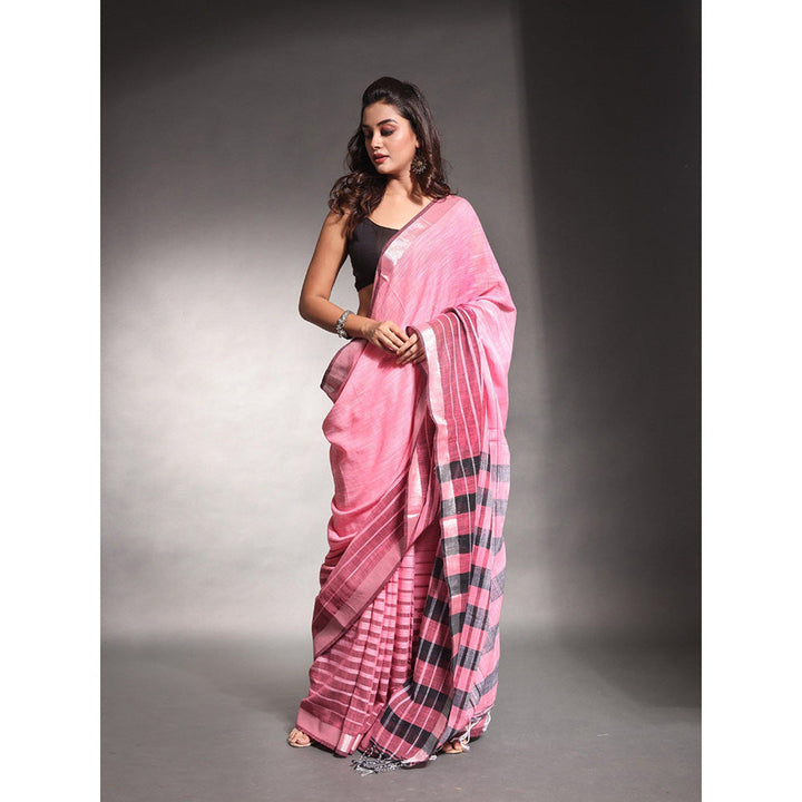 CHARUKRITI Baby Pink Stripes Pattern Pure Cotton Soft Saree with Unstitched Blouse