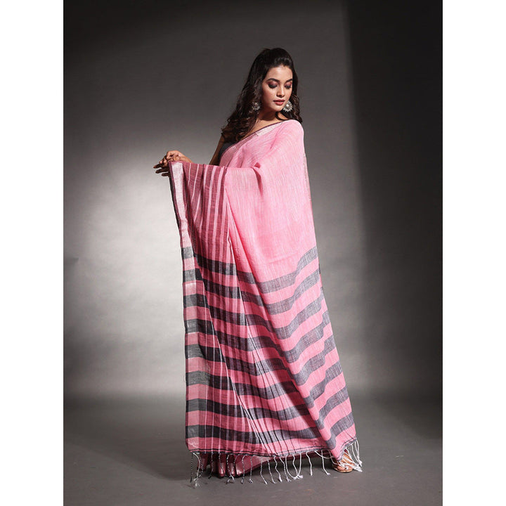 CHARUKRITI Baby Pink Stripes Pattern Pure Cotton Soft Saree with Unstitched Blouse