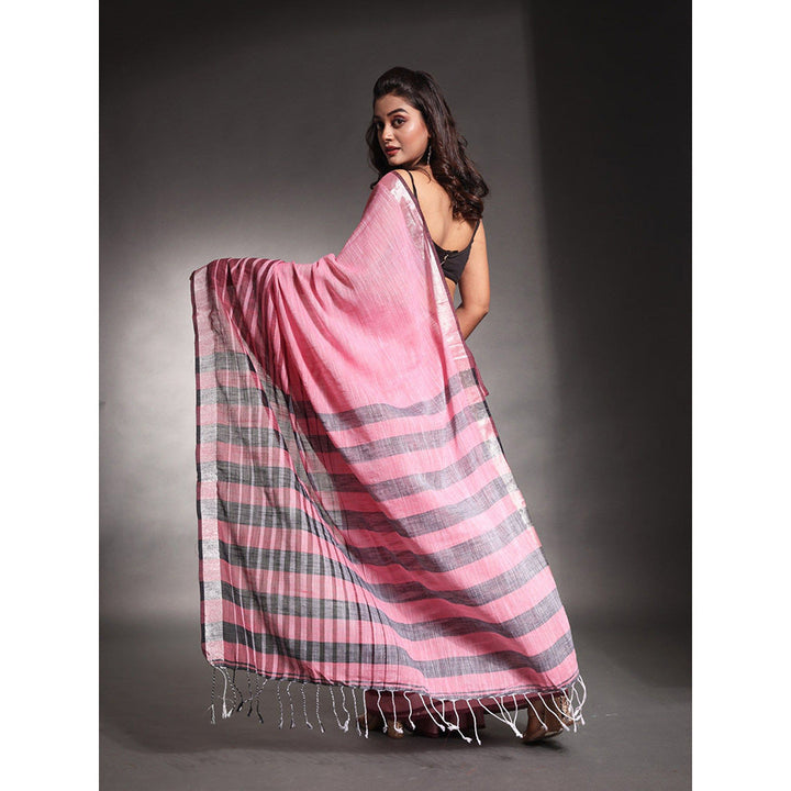 CHARUKRITI Baby Pink Stripes Pattern Pure Cotton Soft Saree with Unstitched Blouse