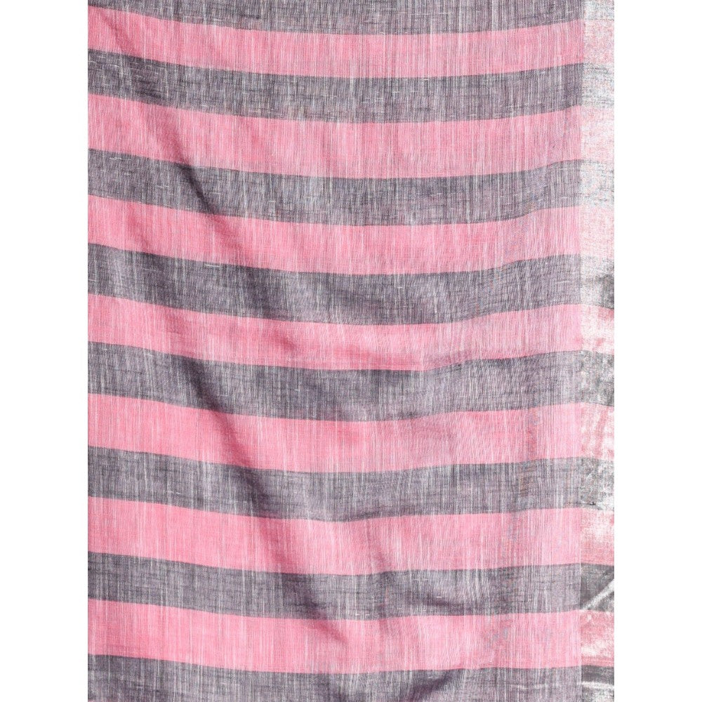 CHARUKRITI Baby Pink Stripes Pattern Pure Cotton Soft Saree with Unstitched Blouse