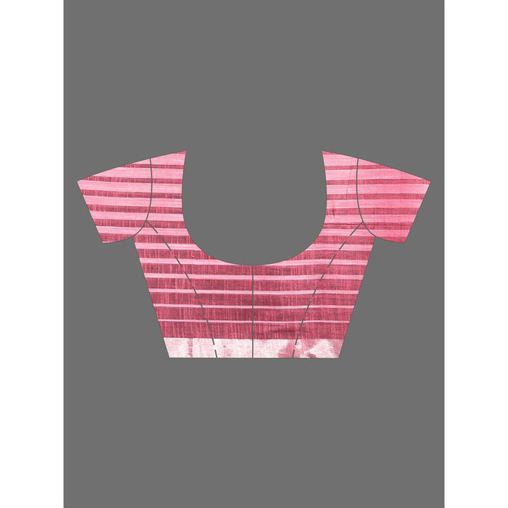 CHARUKRITI Baby Pink Stripes Pattern Pure Cotton Soft Saree with Unstitched Blouse