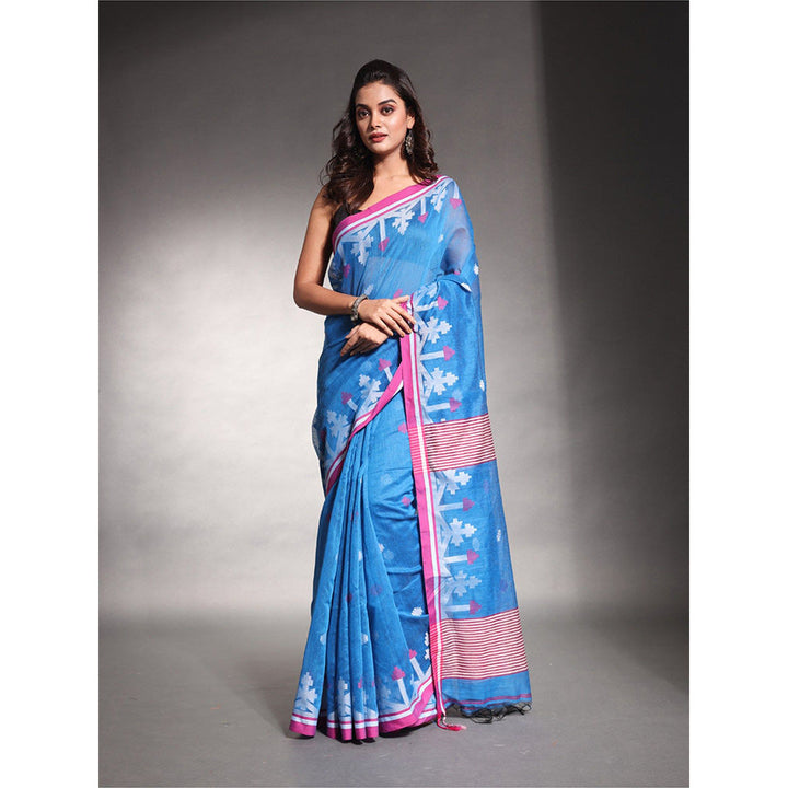 CHARUKRITI Sapphire Blue Cotton Silk Saree with Unstitched Blouse