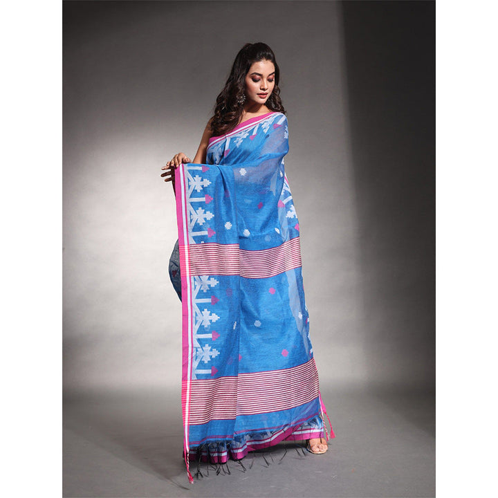 CHARUKRITI Sapphire Blue Cotton Silk Saree with Unstitched Blouse