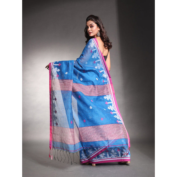 CHARUKRITI Sapphire Blue Cotton Silk Saree with Unstitched Blouse