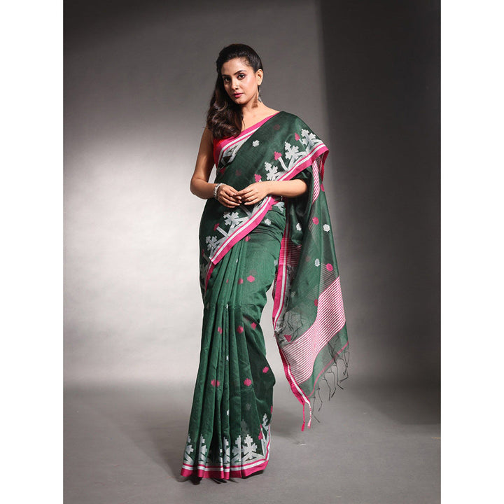 CHARUKRITI Juniper Green Cotton Silk Saree with Unstitched Blouse