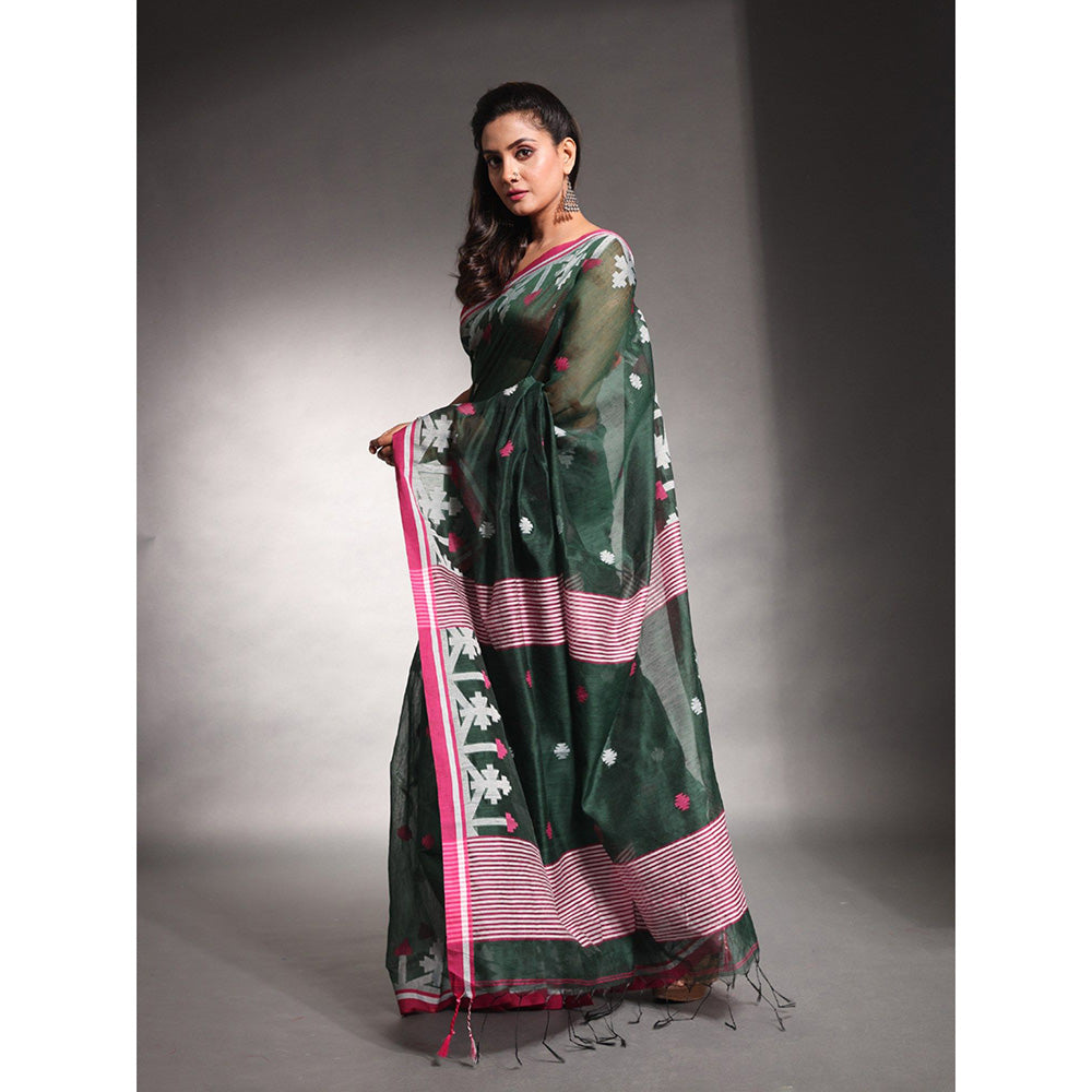 CHARUKRITI Juniper Green Cotton Silk Saree with Unstitched Blouse