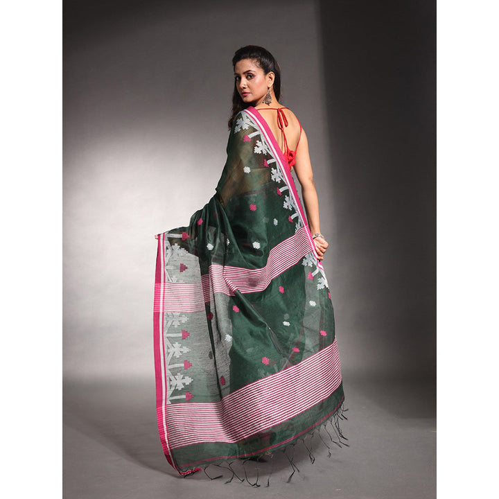 CHARUKRITI Juniper Green Cotton Silk Saree with Unstitched Blouse