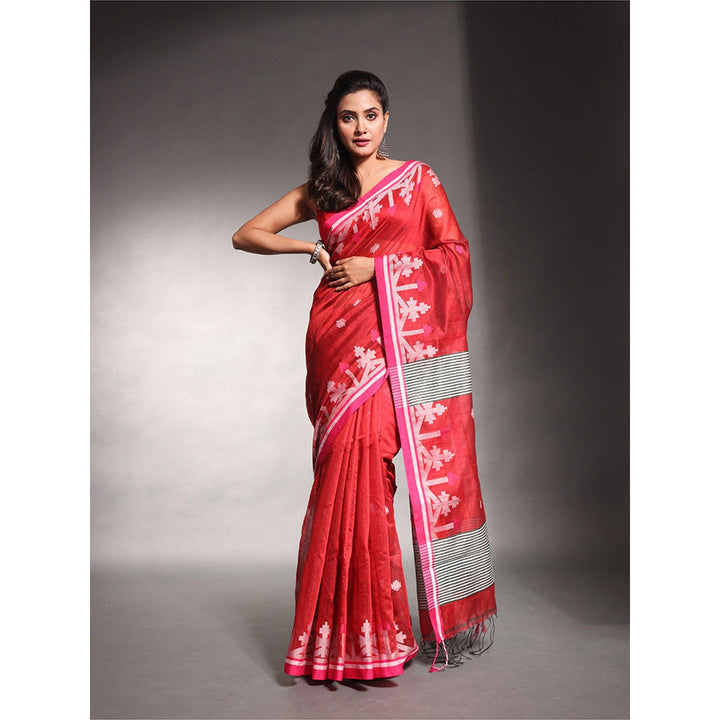 CHARUKRITI Red Cotton Silk Saree with Unstitched Blouse