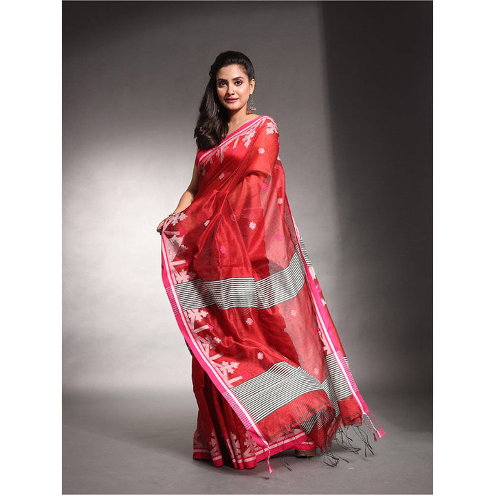 CHARUKRITI Red Cotton Silk Saree with Unstitched Blouse