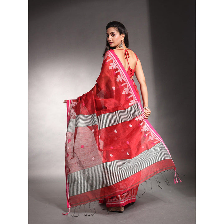 CHARUKRITI Red Cotton Silk Saree with Unstitched Blouse