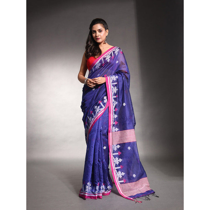 CHARUKRITI Navy Blue Cotton Silk Saree with Unstitched Blouse