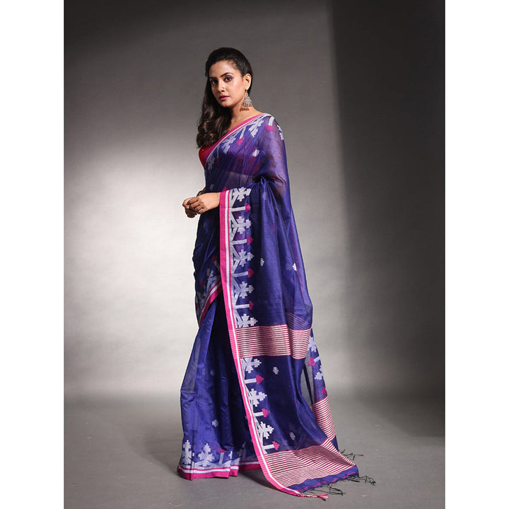 CHARUKRITI Navy Blue Cotton Silk Saree with Unstitched Blouse