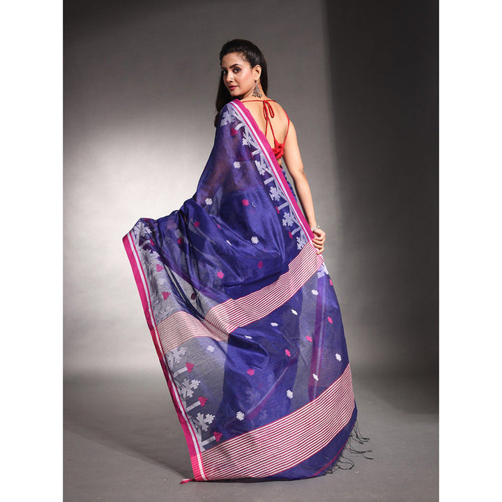 CHARUKRITI Navy Blue Cotton Silk Saree with Unstitched Blouse