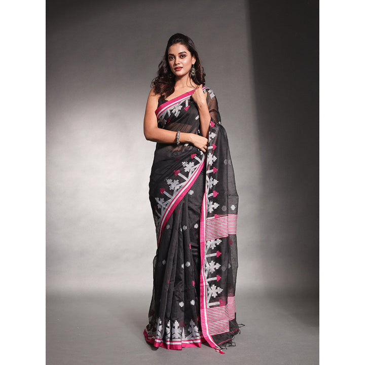 CHARUKRITI Black Cotton Silk Saree with Unstitched Blouse