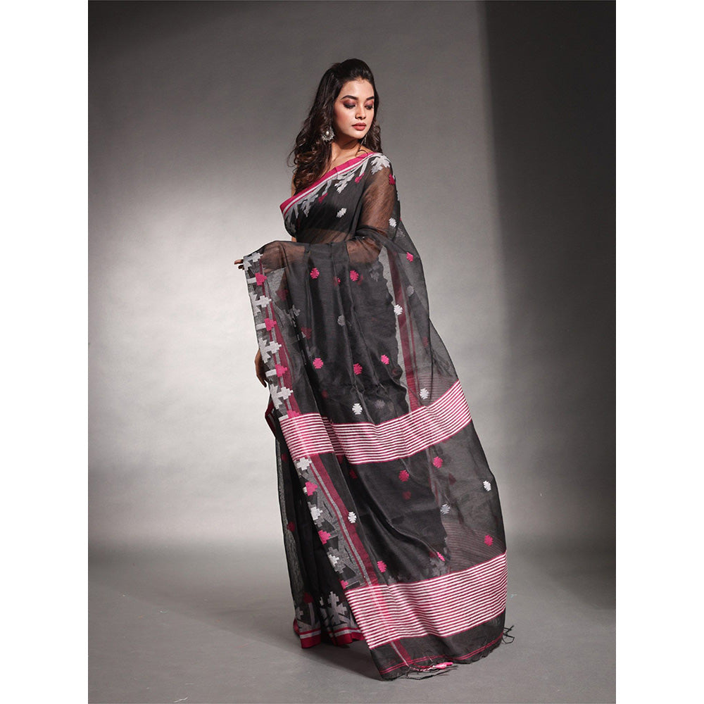 CHARUKRITI Black Cotton Silk Saree with Unstitched Blouse