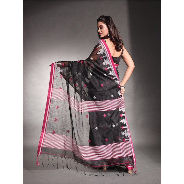 CHARUKRITI Black Cotton Silk Saree with Unstitched Blouse