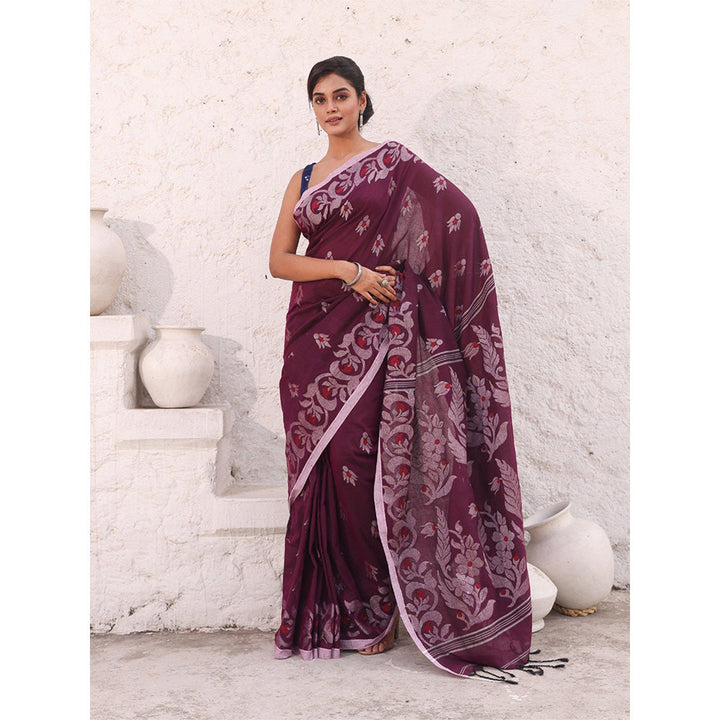 CHARUKRITI Purple Floral Nakshi Design Pure Cotton Soft Saree with Unstitched Blouse