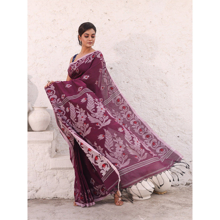 CHARUKRITI Purple Floral Nakshi Design Pure Cotton Soft Saree with Unstitched Blouse