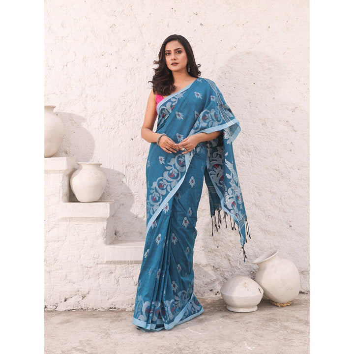 CHARUKRITI Teal Floral Nakshi Design Pure Cotton Soft Saree with Unstitched Blouse