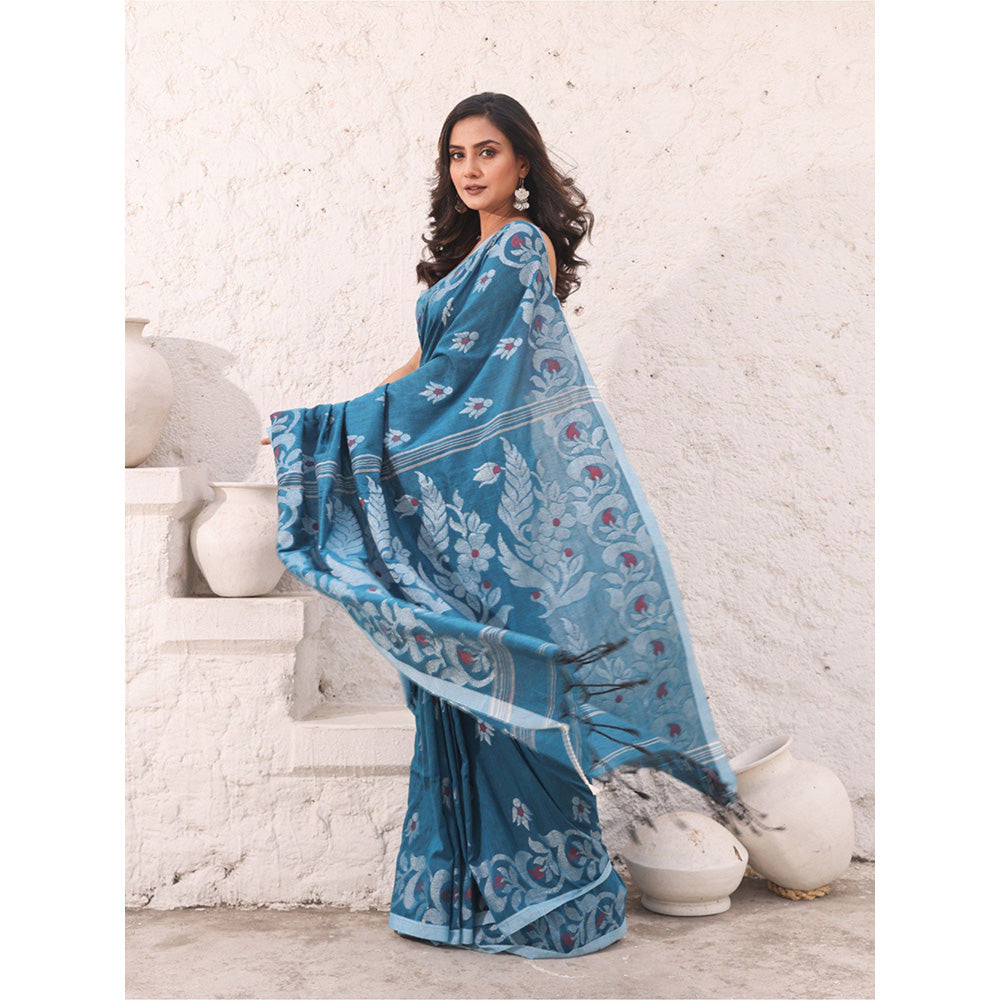 CHARUKRITI Teal Floral Nakshi Design Pure Cotton Soft Saree with Unstitched Blouse