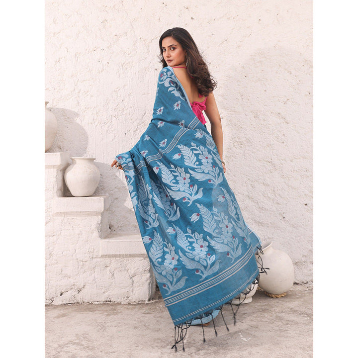 CHARUKRITI Teal Floral Nakshi Design Pure Cotton Soft Saree with Unstitched Blouse