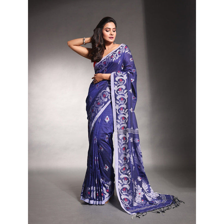 CHARUKRITI Navy Blue Floral Nakshi Design Pure Cotton Soft Saree with Unstitched Blouse