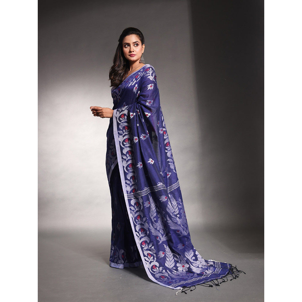 CHARUKRITI Navy Blue Floral Nakshi Design Pure Cotton Soft Saree with Unstitched Blouse