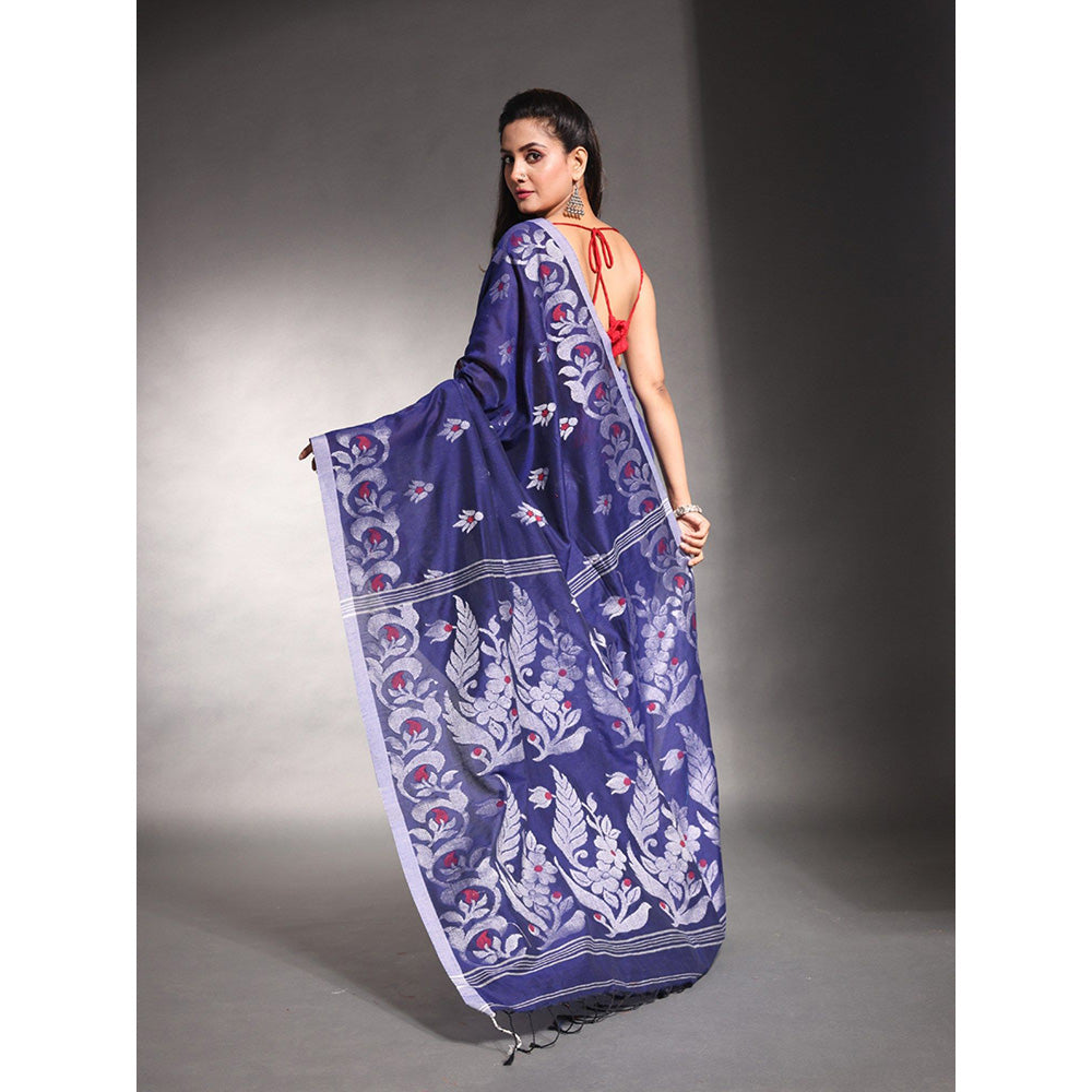 CHARUKRITI Navy Blue Floral Nakshi Design Pure Cotton Soft Saree with Unstitched Blouse