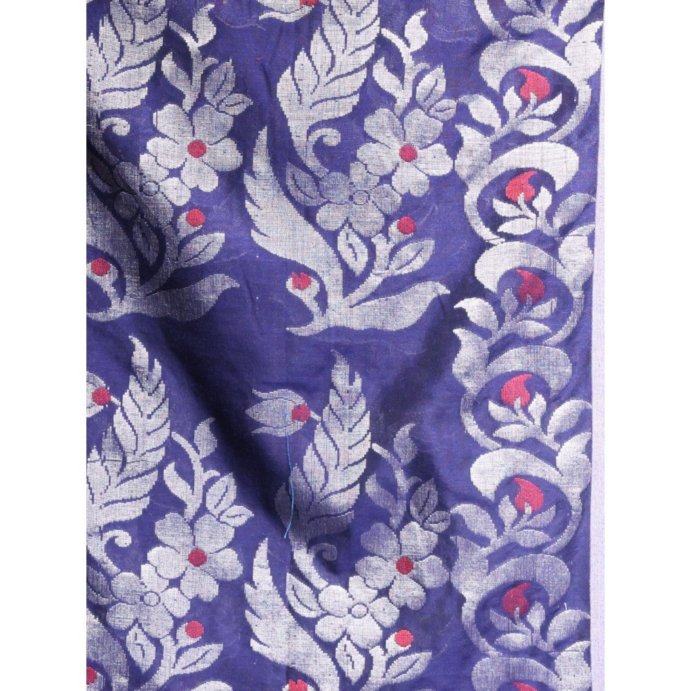 CHARUKRITI Navy Blue Floral Nakshi Design Pure Cotton Soft Saree with Unstitched Blouse