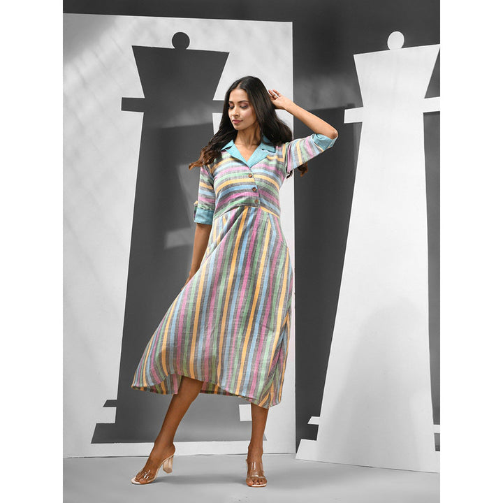 CHARUKRITI Multi-Color Stripes Cotton Midi Dress