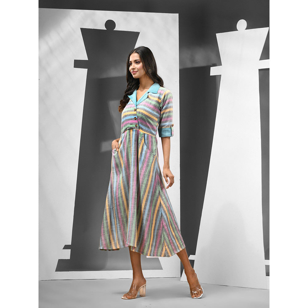 CHARUKRITI Multi-Color Stripes Cotton Midi Dress