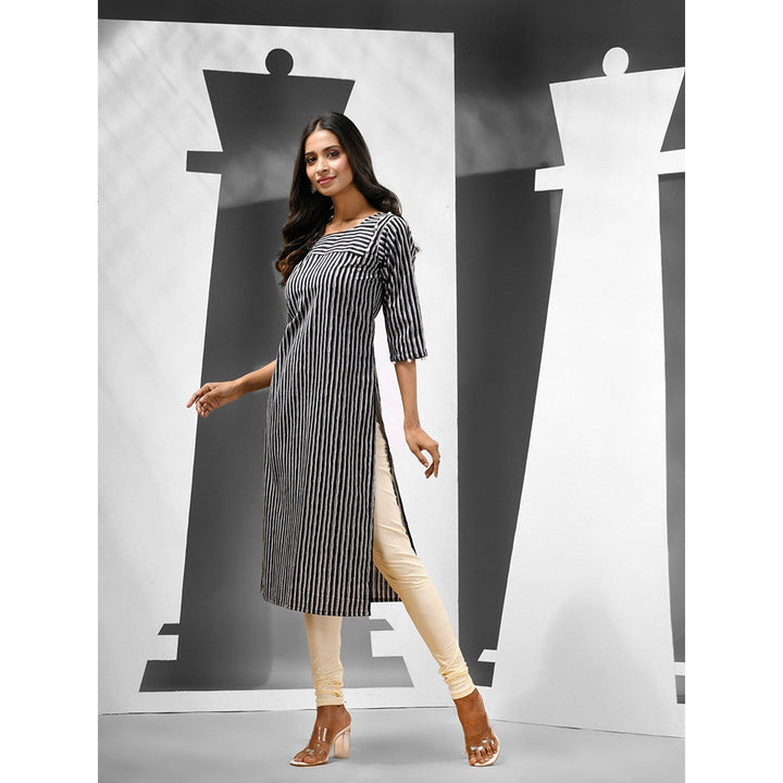 CHARUKRITI White & Black Striped Cotton Kurta