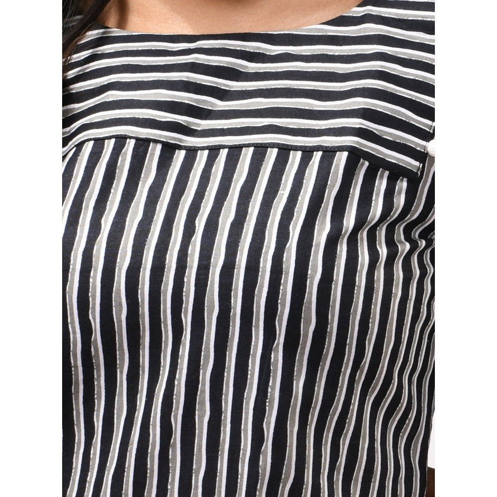 CHARUKRITI White & Black Striped Cotton Kurta