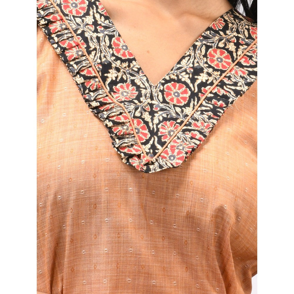 CHARUKRITI Peach Cotton Woven Buttas & Printed Patchwork Dress