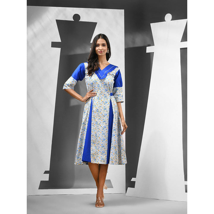 CHARUKRITI White & Blue Cotton Panelled Detailing Dress