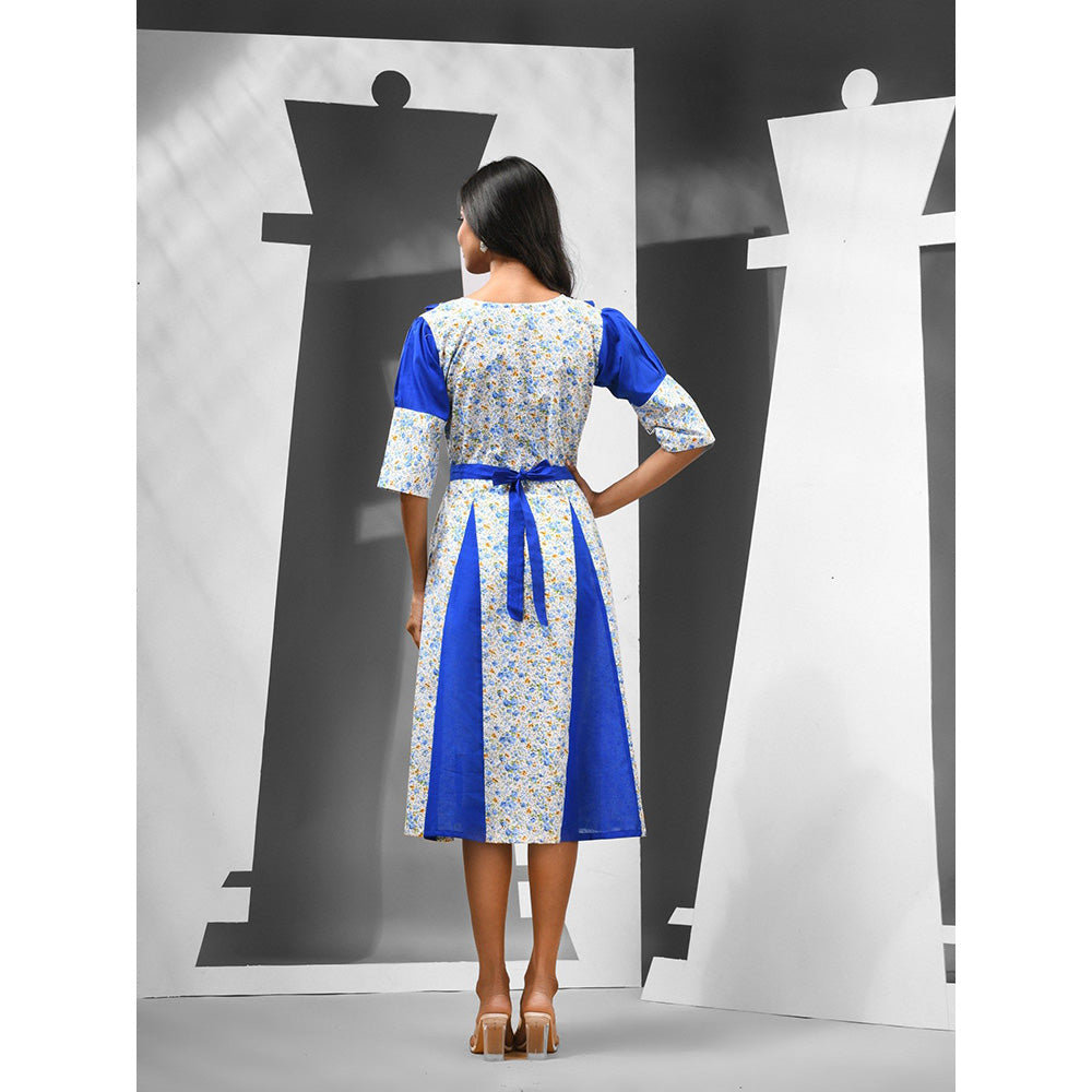 CHARUKRITI White & Blue Cotton Panelled Detailing Dress