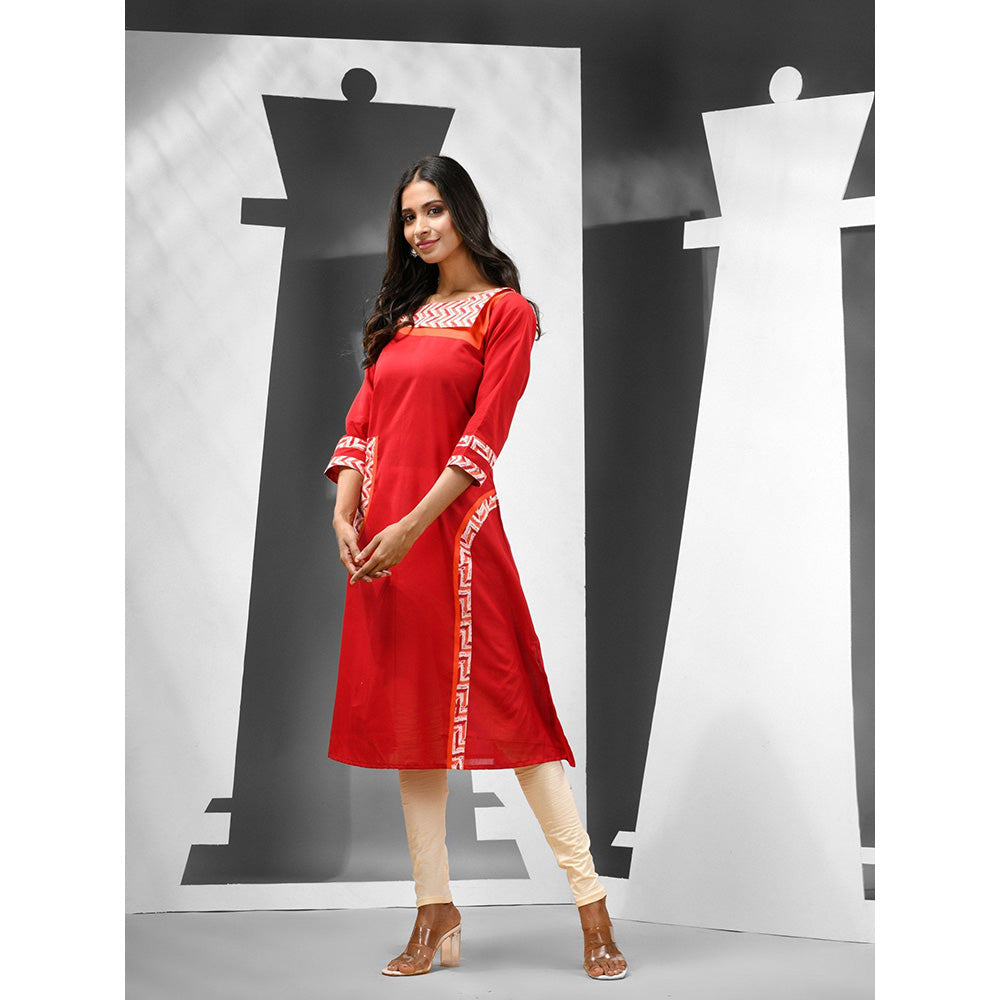 CHARUKRITI Red Cotton Printed Patchwork Kurta