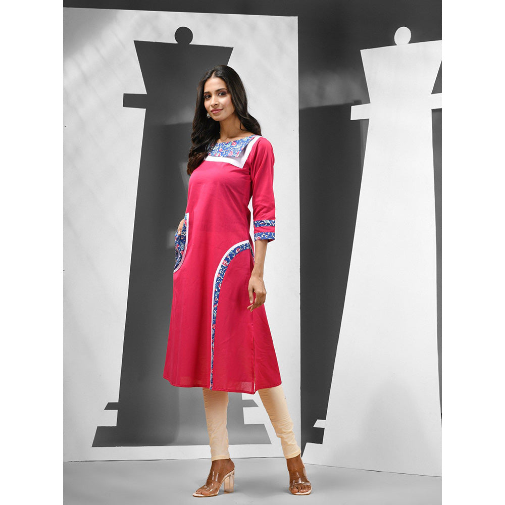 CHARUKRITI Shocking Pink Cotton Printed Patchwork Kurta