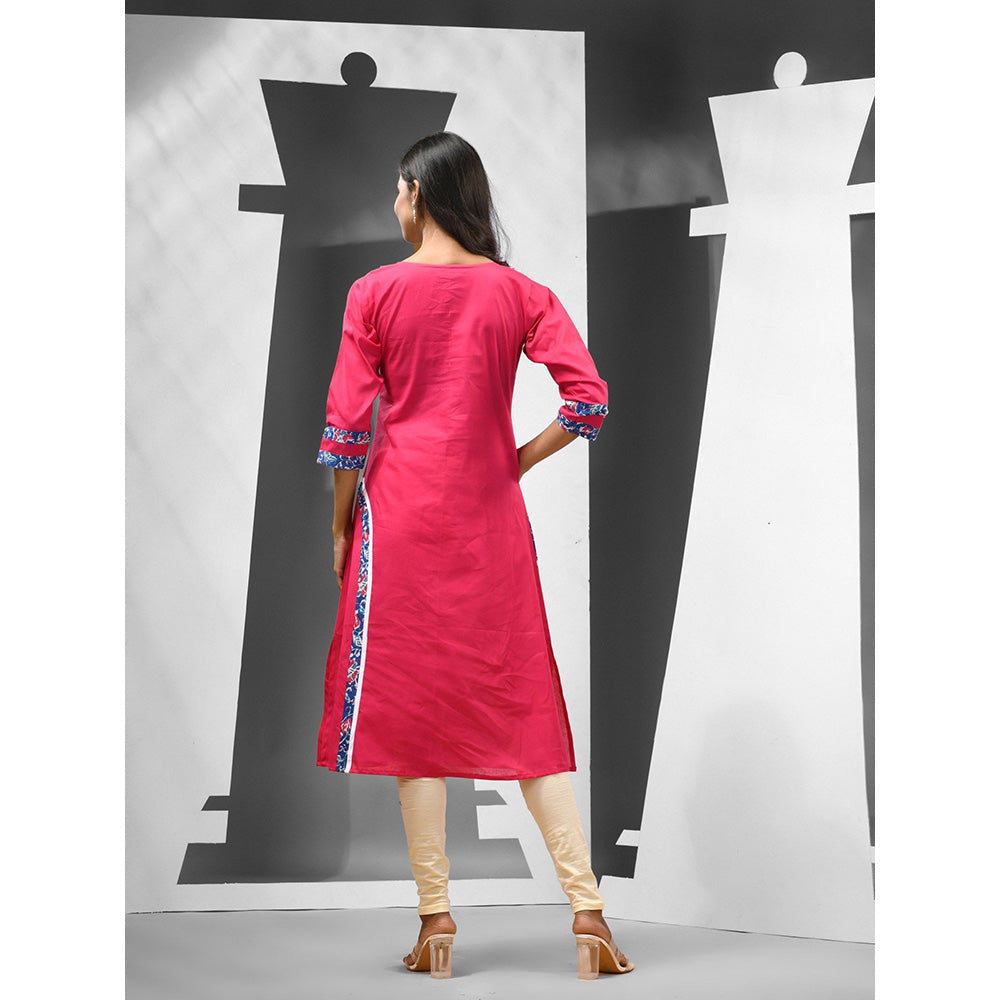 CHARUKRITI Shocking Pink Cotton Printed Patchwork Kurta