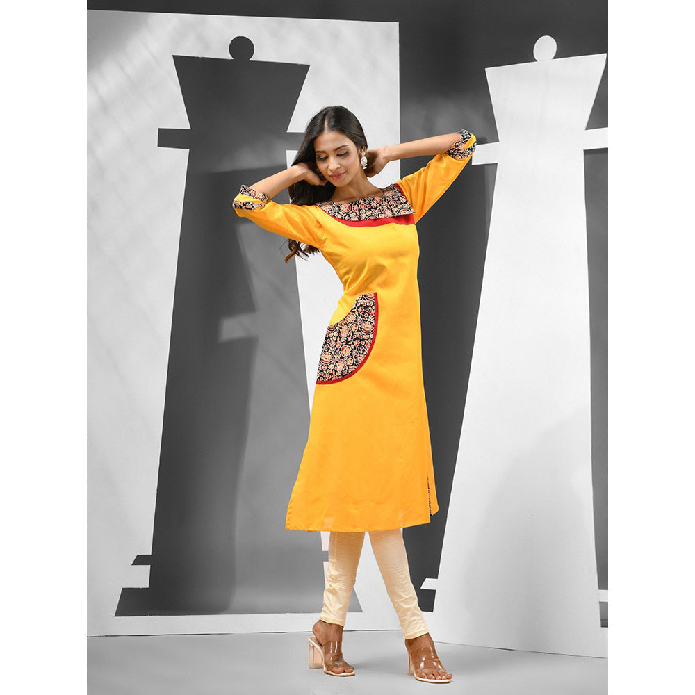 CHARUKRITI Yellow Cotton Kalamkari Printed Patchwork Kurta