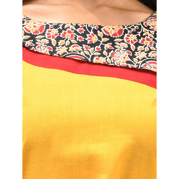 CHARUKRITI Yellow Cotton Kalamkari Printed Patchwork Kurta