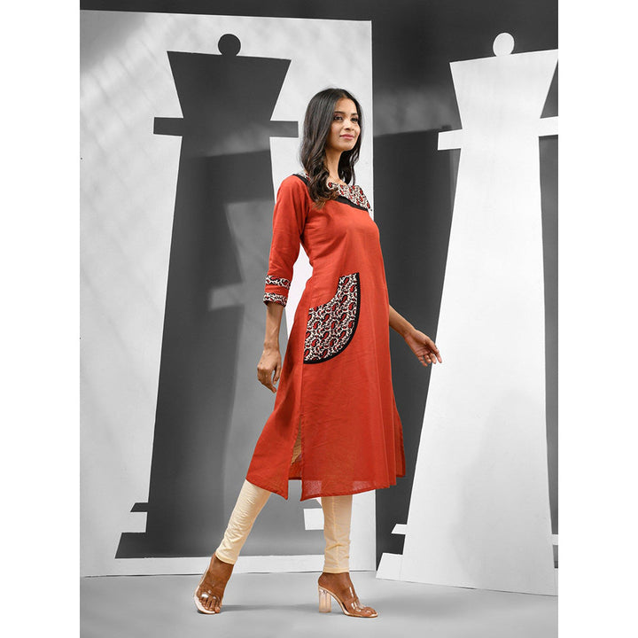 CHARUKRITI Rust Cotton Kurta Paisley Printed Patchwork