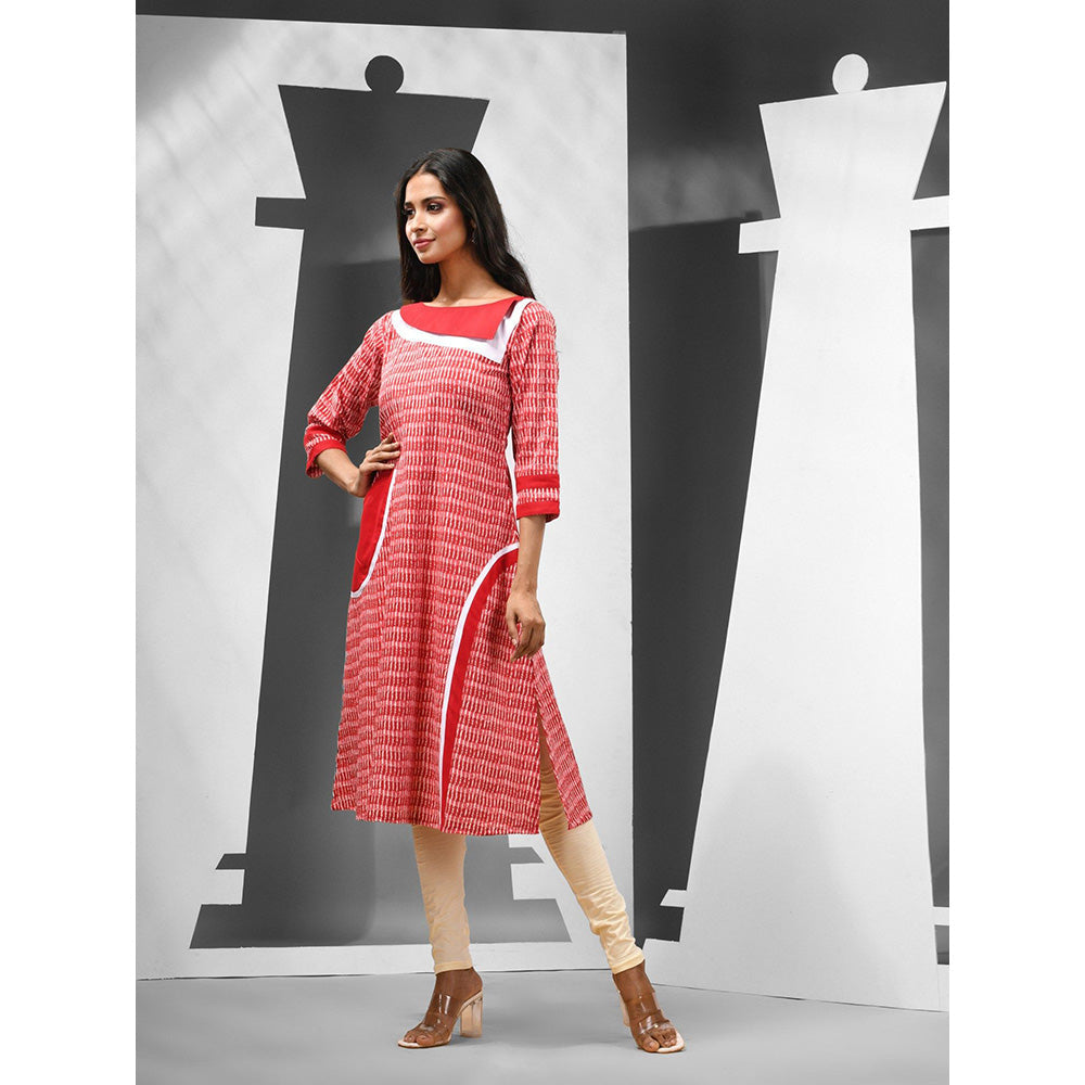 CHARUKRITI Red Shibori Printed Cotton Patchwork Kurta