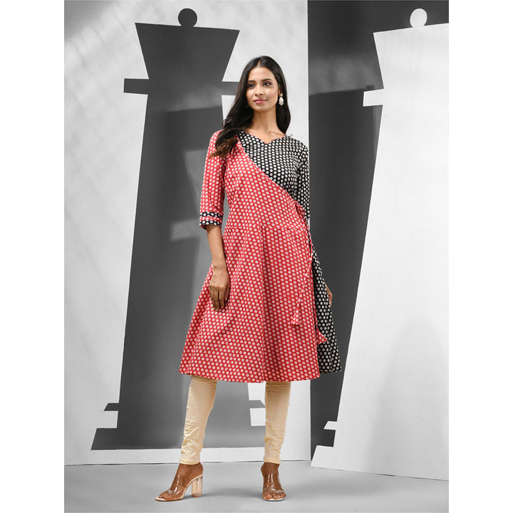 CHARUKRITI Red & Black Printed Cotton Angrakha-Style Kurta