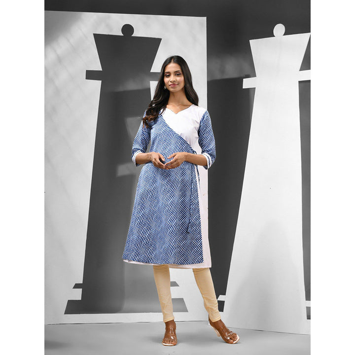 CHARUKRITI White & Blue Checkered Cotton Angrakha-Style Kurta