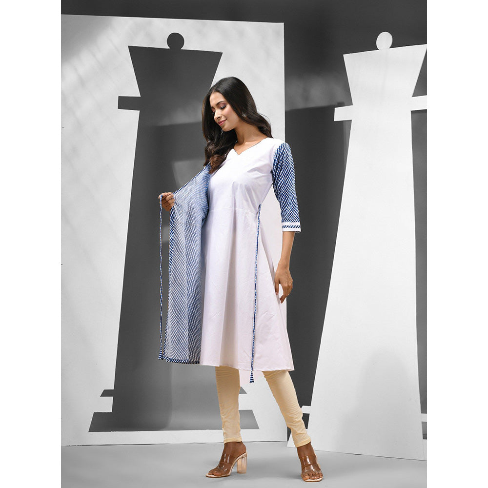 CHARUKRITI White & Blue Checkered Cotton Angrakha-Style Kurta