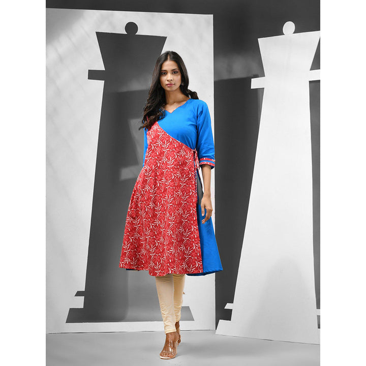 CHARUKRITI Blue & Red Floral Printed Cotton Angrakha-Style Kurta