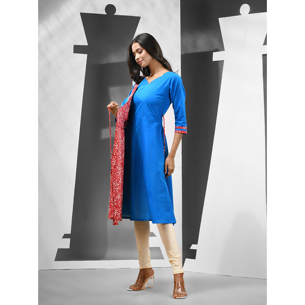 CHARUKRITI Blue & Red Floral Printed Cotton Angrakha-Style Kurta