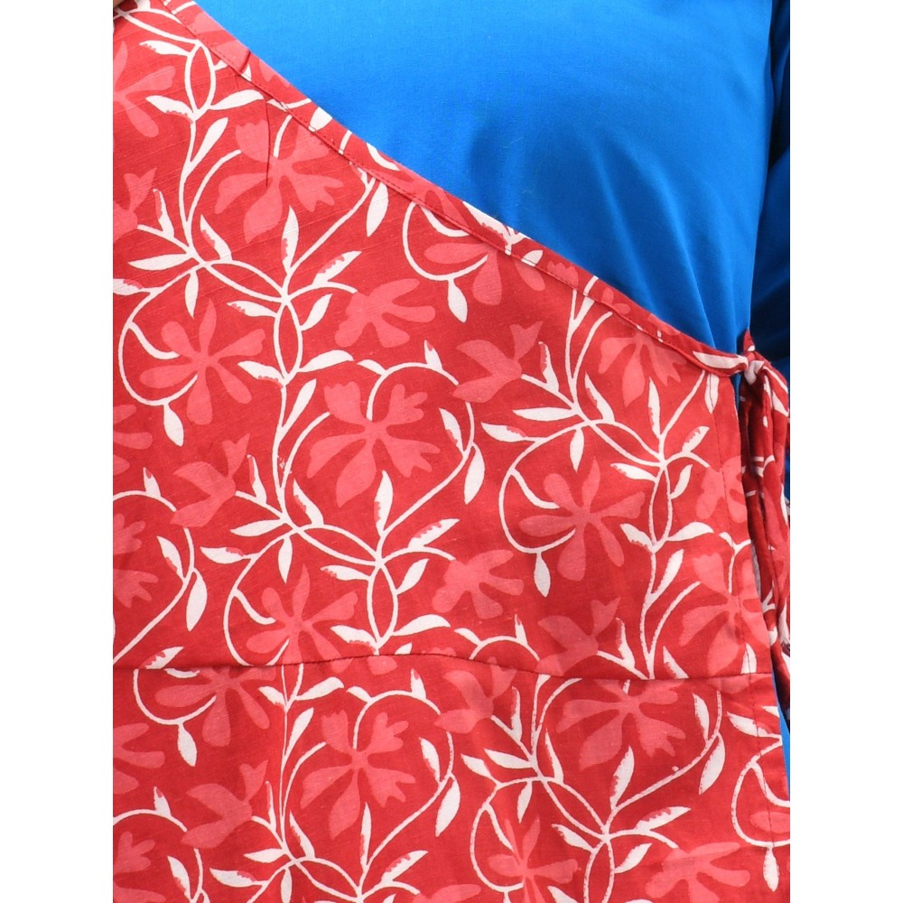 CHARUKRITI Blue & Red Floral Printed Cotton Angrakha-Style Kurta